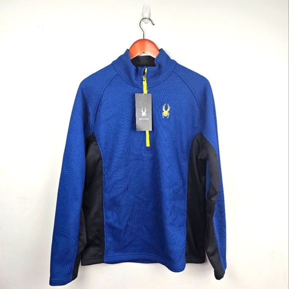 SPYDER Quarter Zip Fleece Lined Pullover Waffle Sweater Blue Black Mens Size L - Picture 1 of 14
